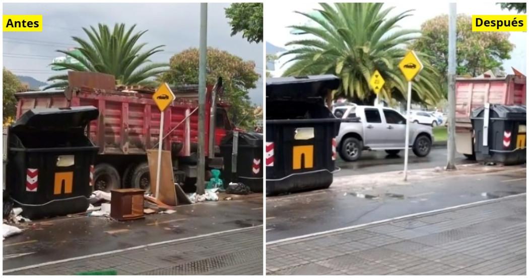 Foto que muestra antes y después de jornada de recolección de residuos en Bogotá