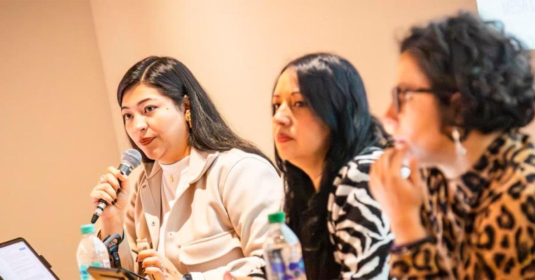 En la foto dos mujeres participando de una mesa de diálogo