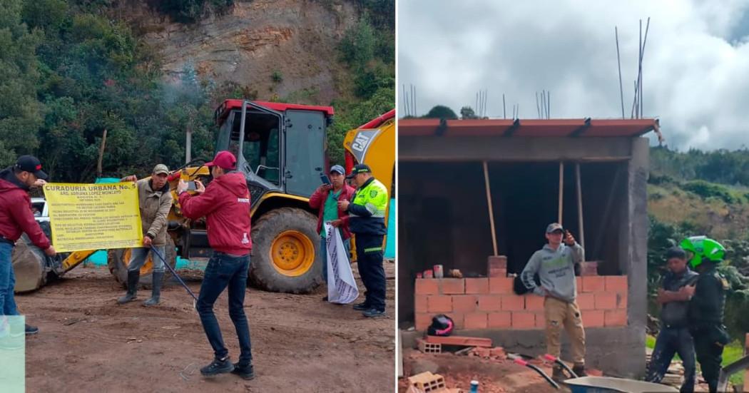 Foto de los dos capturados y maquinaria incautada en operativo contra urbanismo ilegal en Usme, al sur de Bogotá