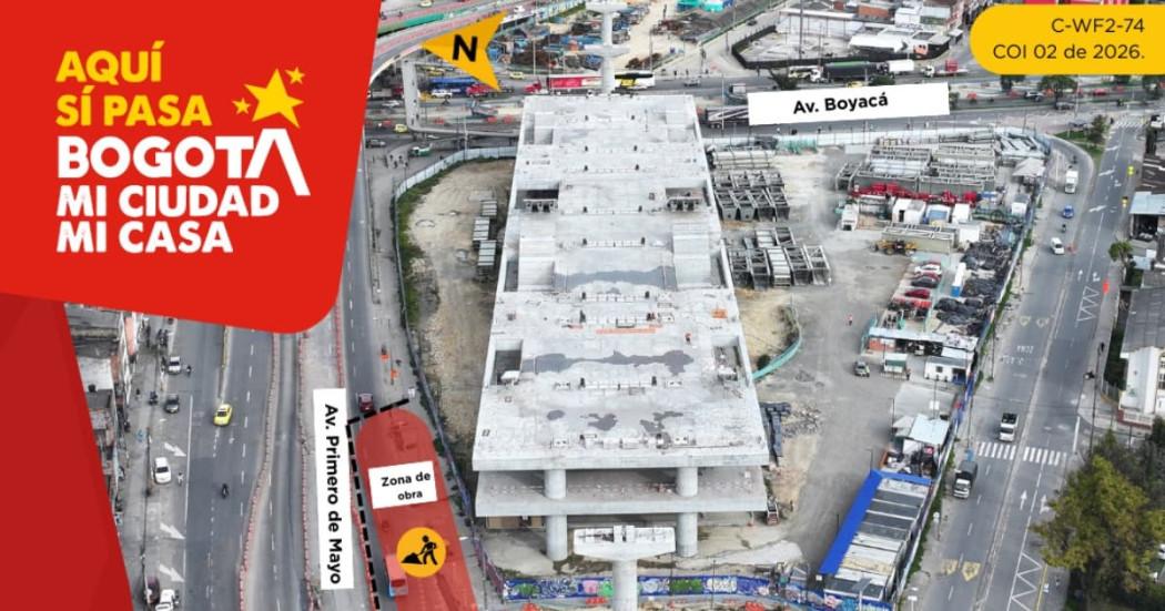 Imagen o pieza gráfica de las obras de la Línea 1 del Metro de Bogotá en la avenida Primero de Mayo entre avenida Boyacá y carrera 72C .