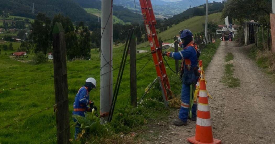 Imagén de técnicos de ENEL realizando mantenimiento en postes ubicados en zona rural