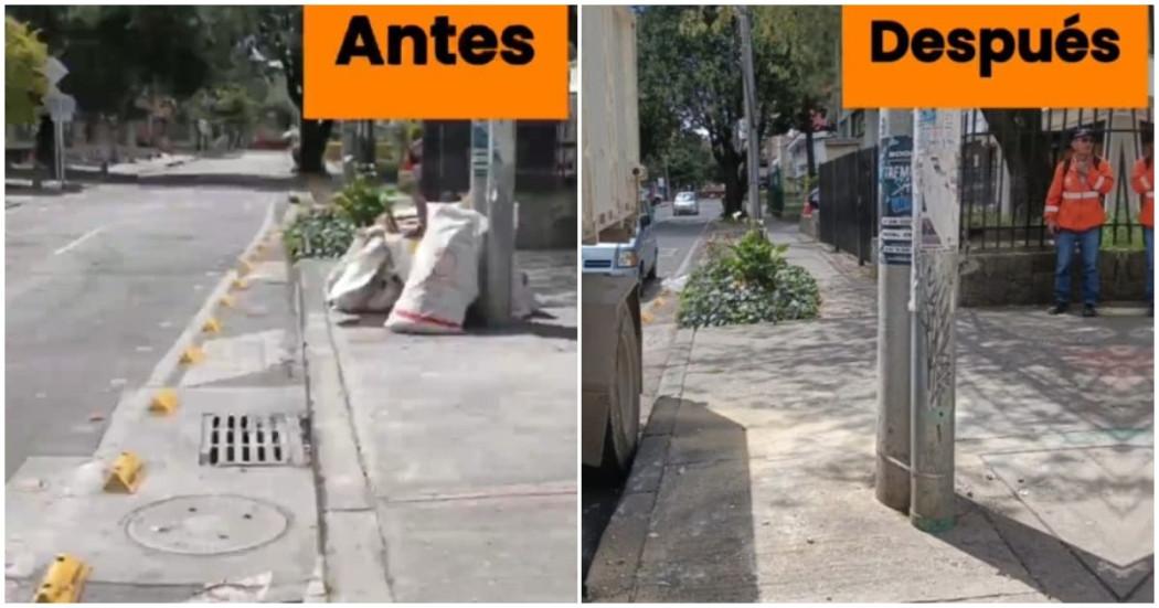 Foto que muestra el antes y después de una calle que fue intervenida con jornada de limpieza