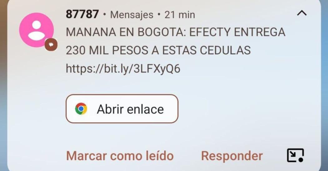 Pantallazo de mensaje de texto fraudulento