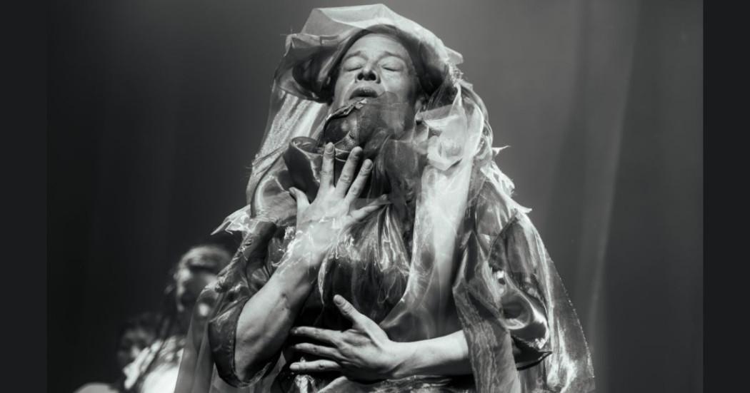 Imagen de un artista en escena que viste su traje de la obra.