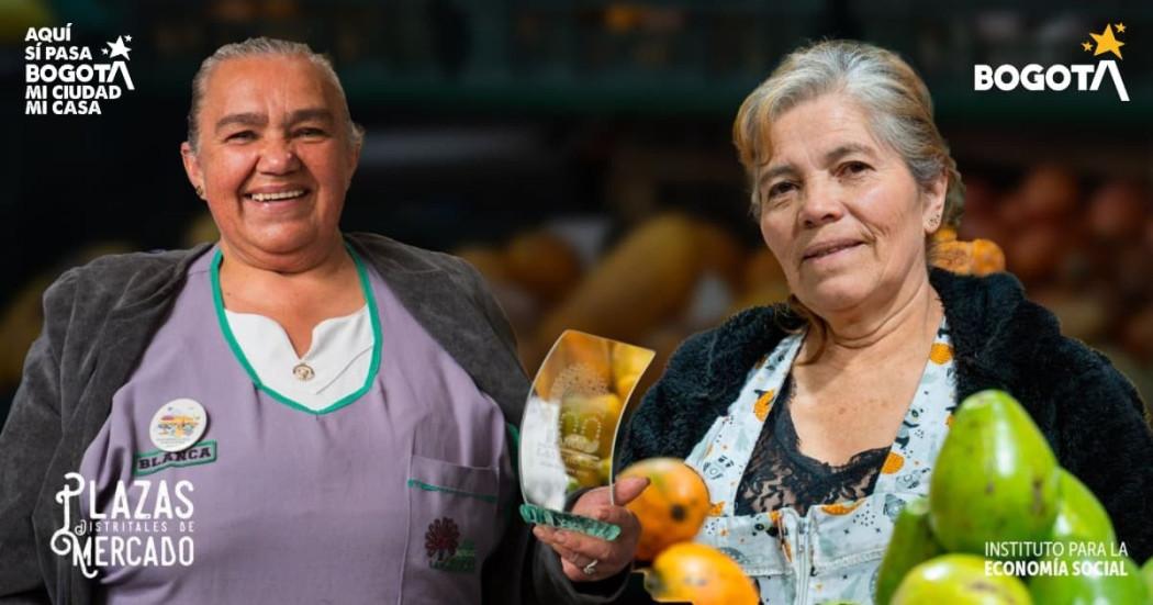 Fotos de Gloria Barrera y Blanca Agudelo comerciantes de Plazas Distritales de Mercado condecoradas en Bogotá.