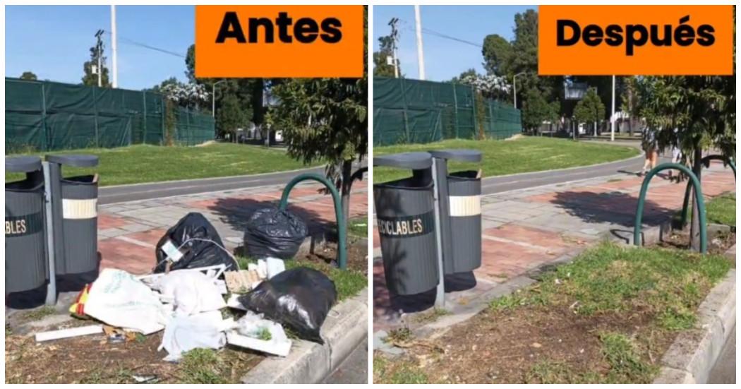 Foto que muestra antes y después de jornada de recolección de residuos en Bogotá
