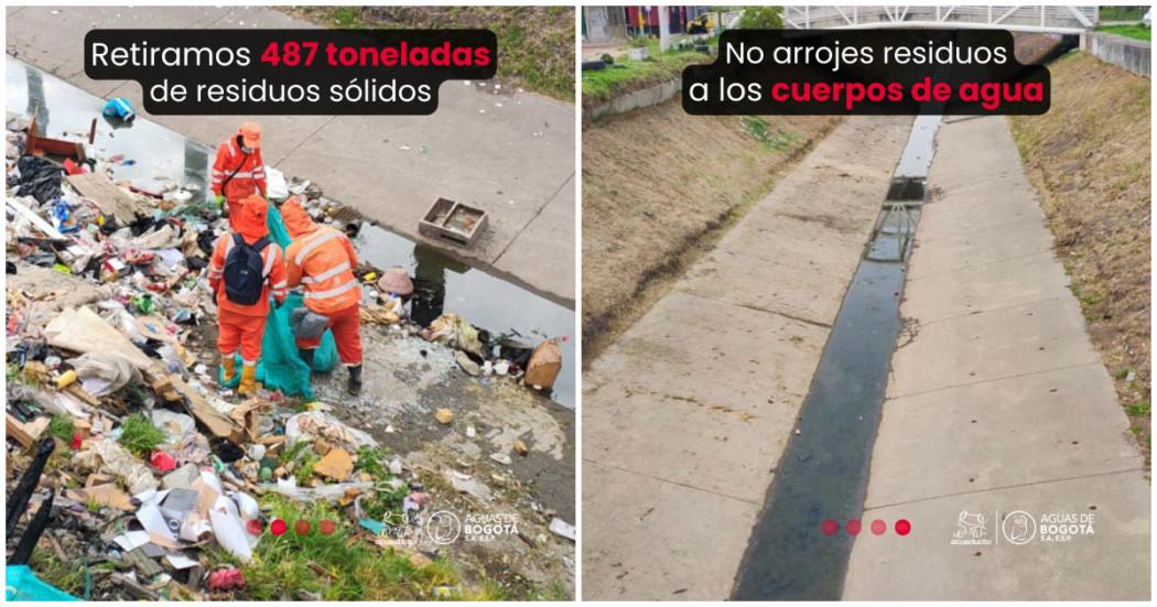 Foto que muestra trabajadores de Aguas Bogotá limpiando el Canal Calle 38 Sur