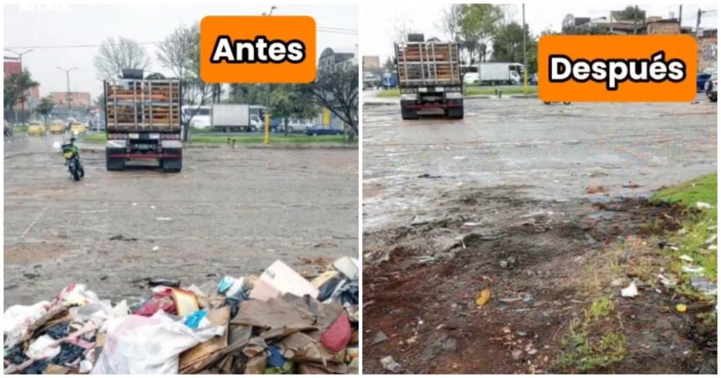 Foto que muestra antes y después de jornada de recolección de residuos en Bogotá