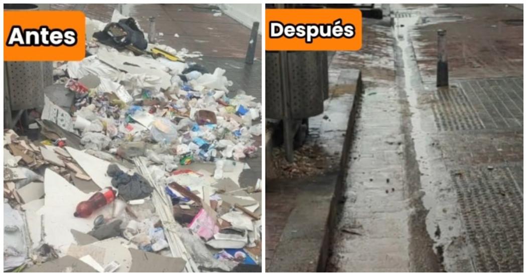 Foto que muestra en un lado residuos y en el otro un anden limpio 