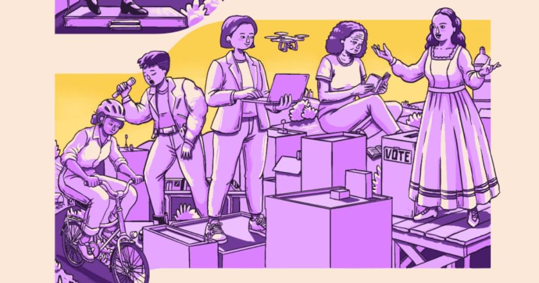 Ilustración de la SDMujer que muestra a mujeres en diferentes ámbitos de la sociedad.