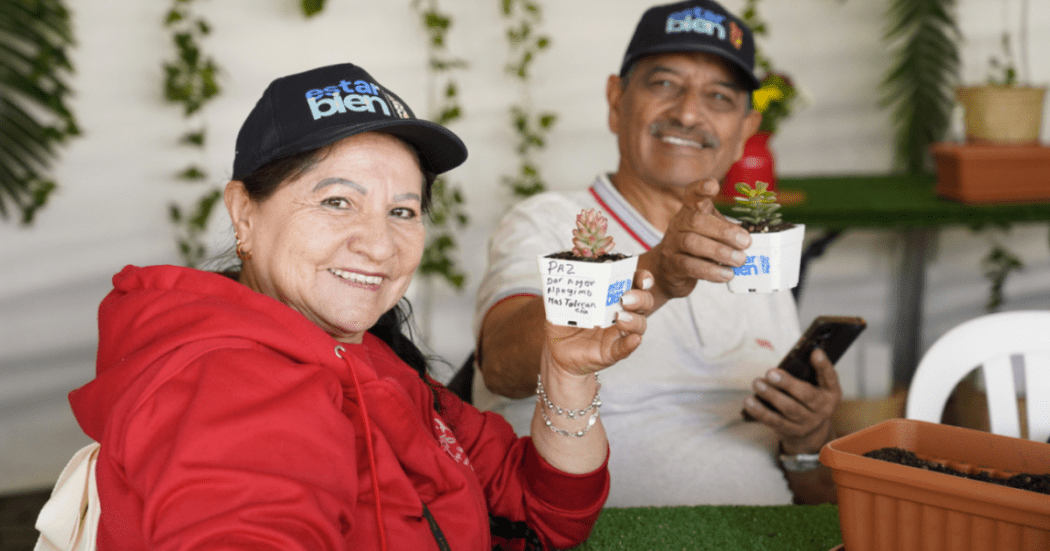 Imagen de dos adultos mayores sentados presentado un trabajo realizado.