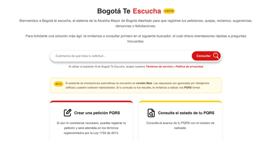 Visual de la herramienta en Bogotá te escucha