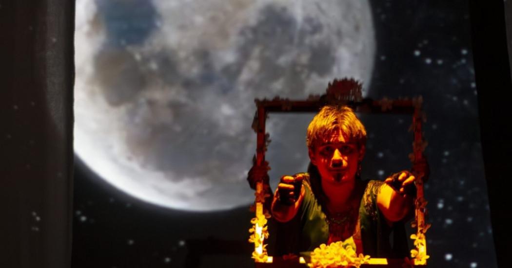 Imagen de la luna en el fondo con un hombre con marco de flores amarillas