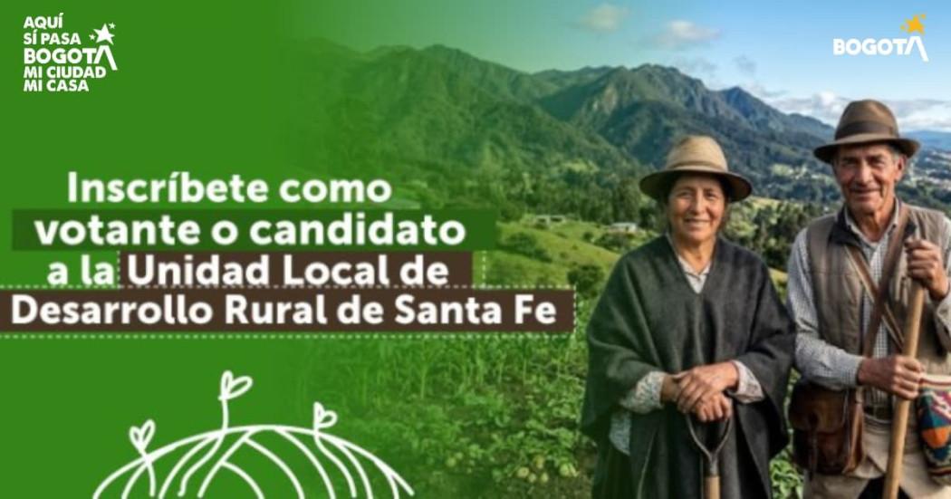Foto de campesinos con imagen de la convocatoria de la Unidad Local de Desarrollo Rural de Santa Fe en Bogotá.