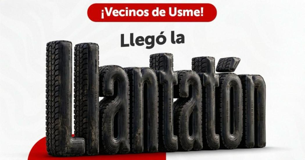 Publicidad 'Llantatón' en Usme, al sur de Bogotá.