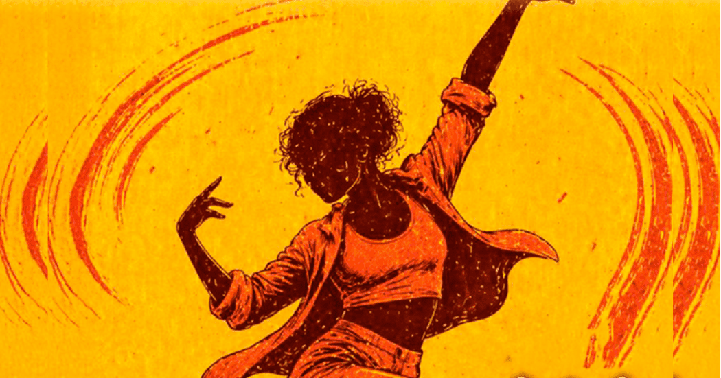 Imagen en un fondo color naranja de una mujer bailando.