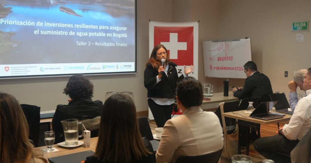 Foto que muestra personas sentadas y una mujer hablando con un micrófono en la mano