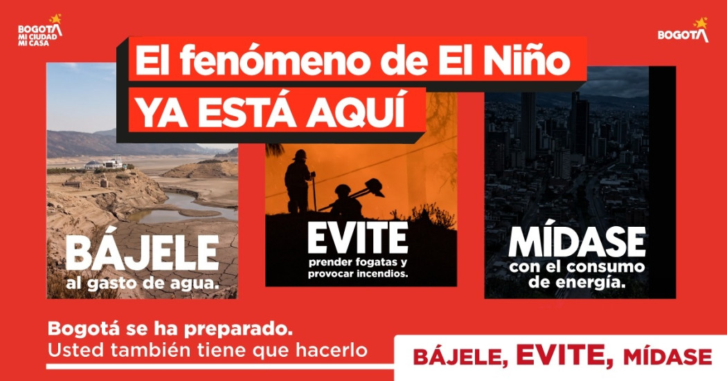 Imagen gráfica con el texto: El fenómeno de El Niño ya está aquí Bájele, Evite, Mídase