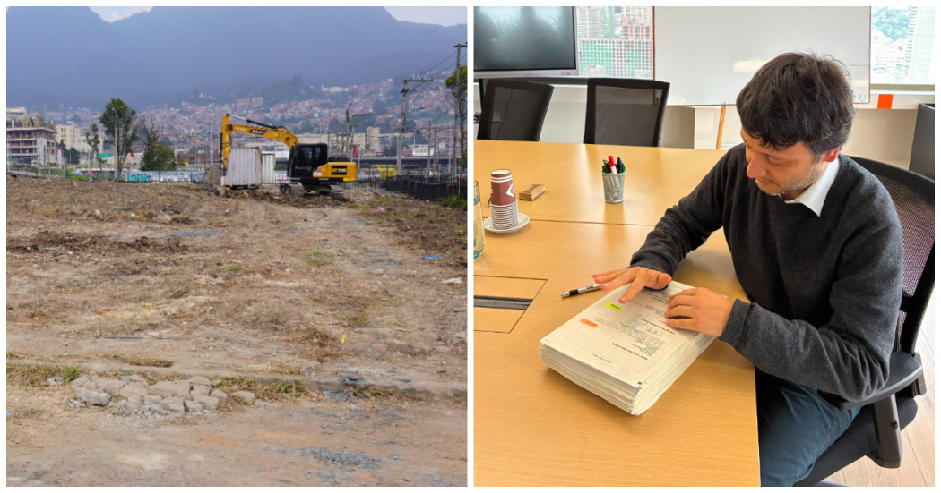 Foto que muestra un terreno vacio en el lado izquierdo y en el lado derecho un señor firmando