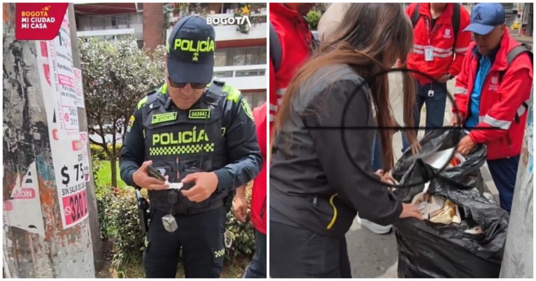 Foto que muestra un policia y personas recogiendo basuras 
