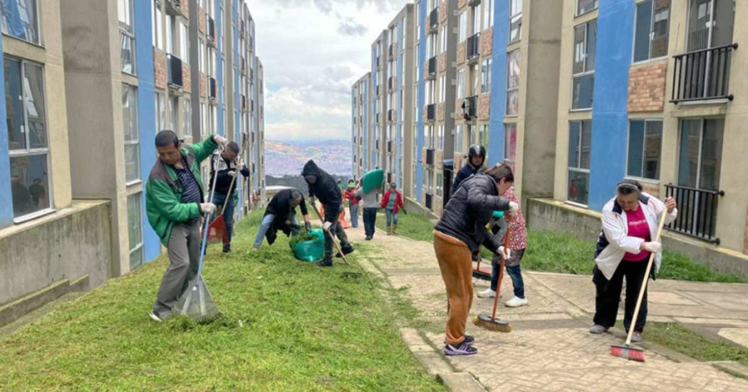 Foto que muestra un grupo de personas barriendo un camino peatonal