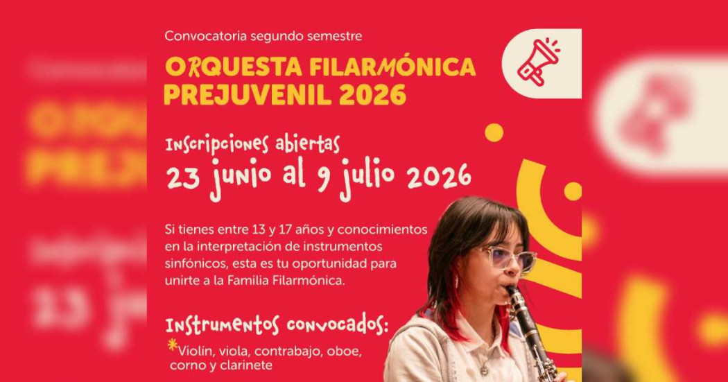 Foto con el texto: convocatoria segundo semestre orquesta filarmónica prejuvenil 2026
