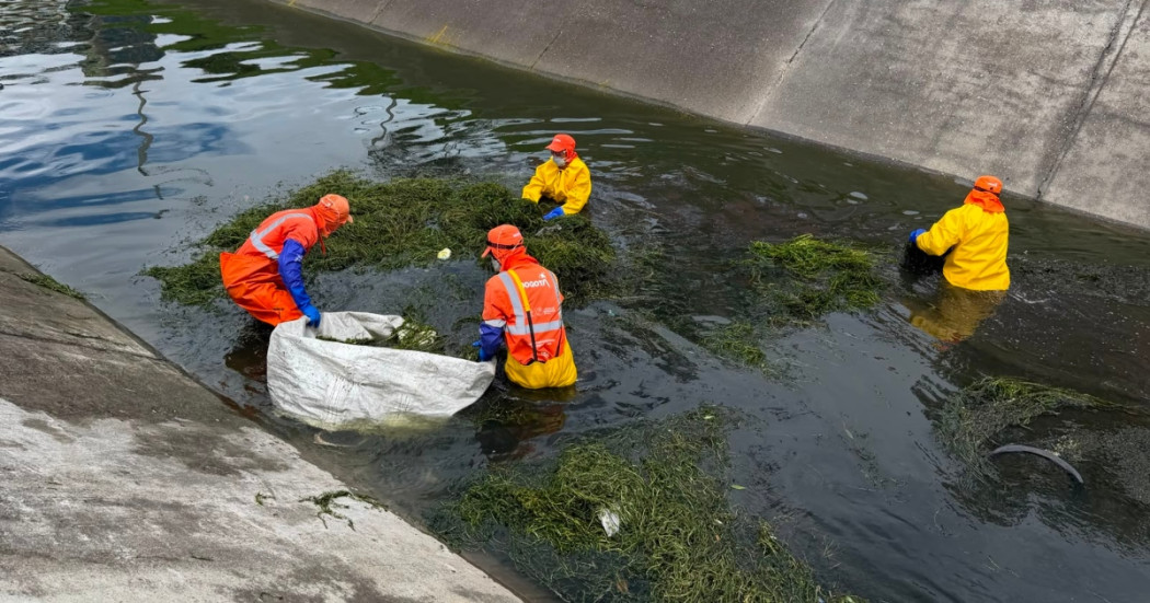 Foto que muestra tres personas limpiando un canal de agua 