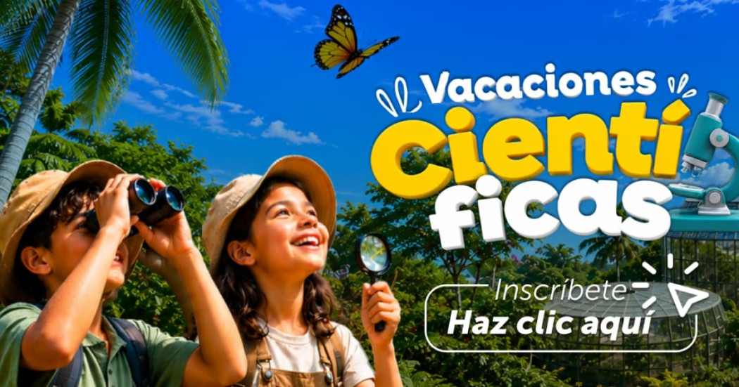 Pieza gráfica promociona Vacaciones Científicas con niños explorando naturaleza, mariposas, microscopio y texto informativo con enlace a inscripciones