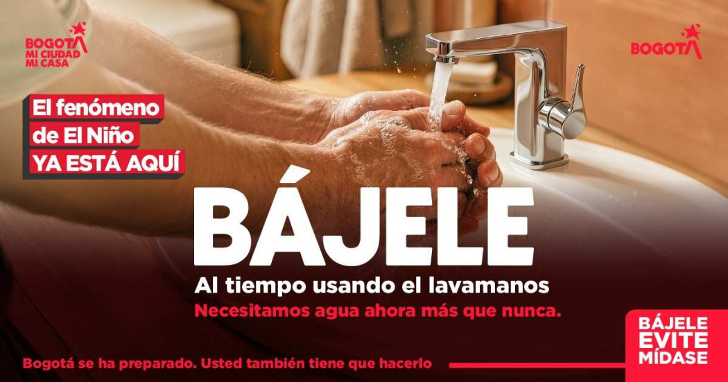 Imagen que muestra una imagen con el texto: bájele al tiempo usando el lavamanos necesitamos agua ahora más que nunca