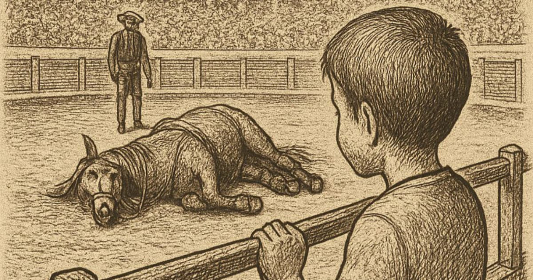 Ilustración muestra menor observando toro herido en plaza, escena crítica sobre violencia hacia animales