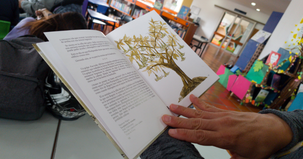 Imagen de libro abierto con un dibujo de árbol y unas manos sosteniéndolo 