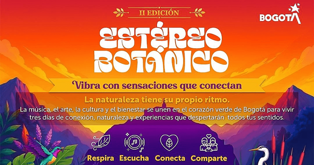 Pieza gráfica del II Festival Estéreo Botánico con texto que dice ´Vibra con sensaciones que conectan´, ilustraciones de montañas, aves y vegetación en tonos naranja, morado y amarillo.