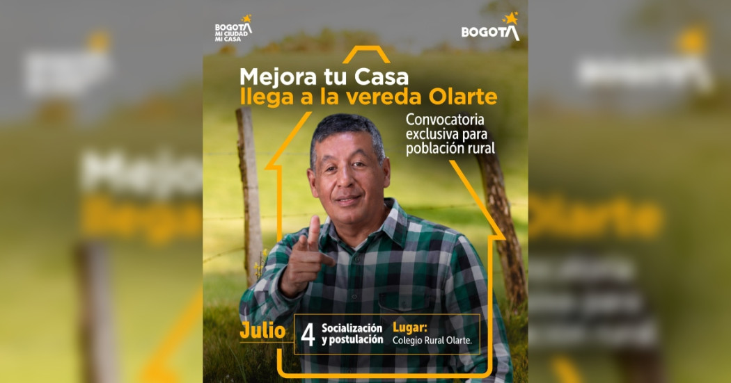 Imagen gráfica que muestra un señor sonriendo y el texto: Mejora tu casa llega a la vereda Olarte