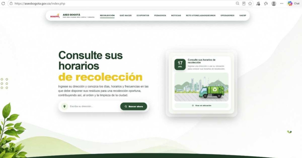 Foto que muestra la página principal del portal web Aseo Bogotá 