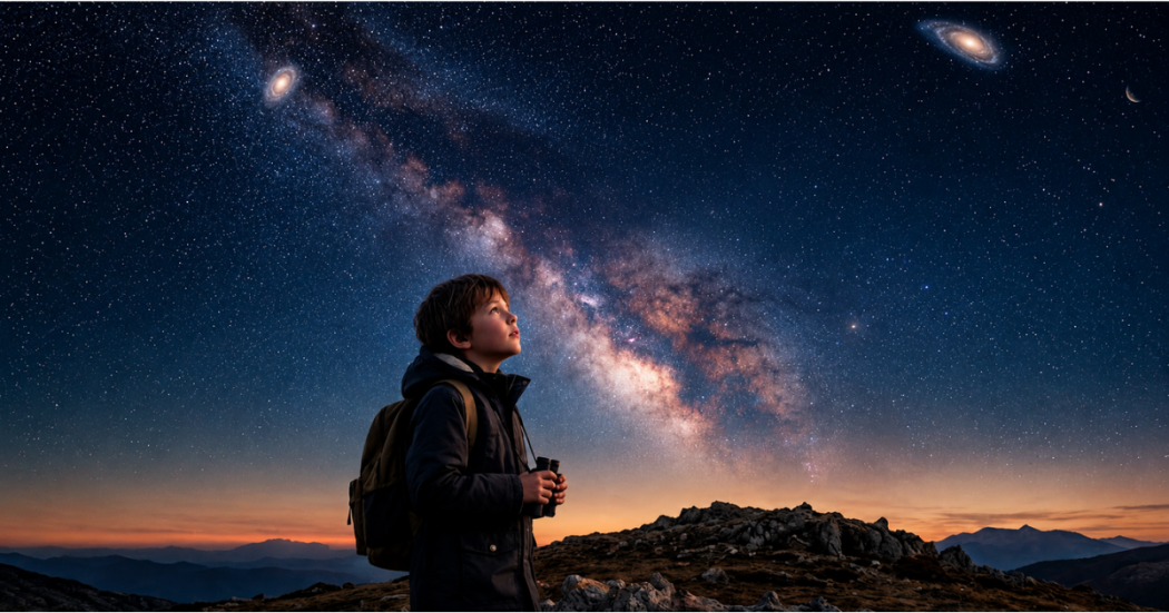 Imagen de un niño que mira al firmamento en una noche que cuenta con muchas estrellas.