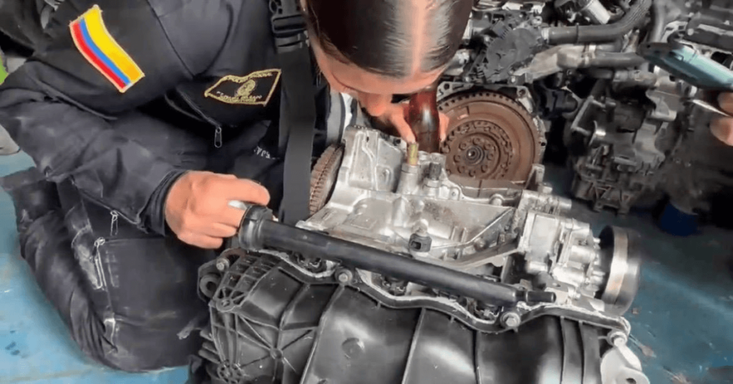 Mujer policía verificando un motor de vehículo. 