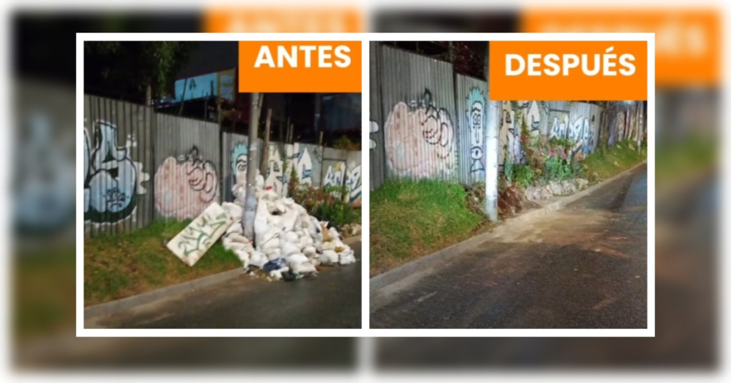 Foto que muestra a un lado escombros y en el otro la misma zona pero limpia 