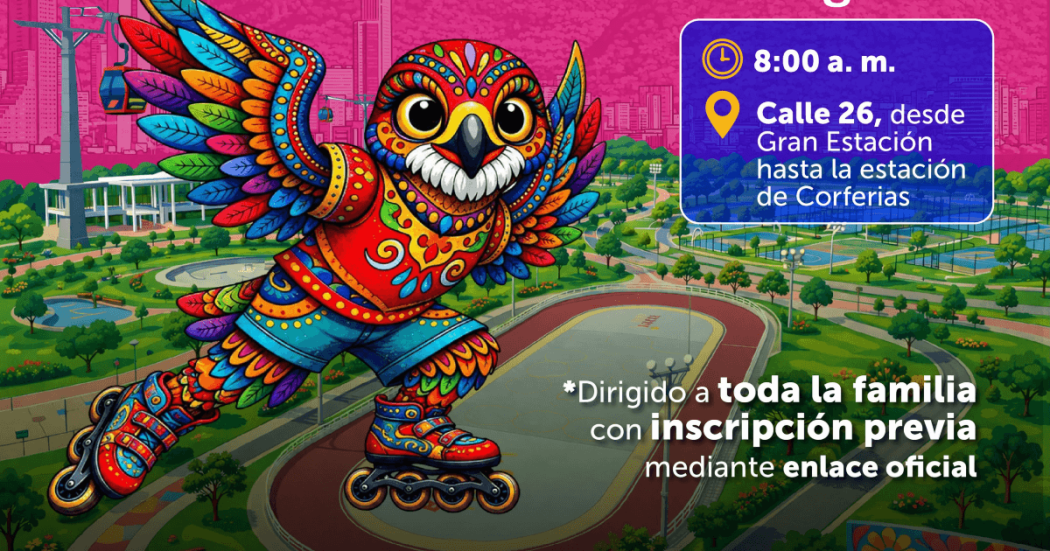 Pieza gráfica del Festival de Verano 2026 con personaje en patines y texto que dice: “8:00 a. m. Calle 26, desde Gran Estación hasta la estación de Corferias” e “inscripción previa mediante enlace oficial”.