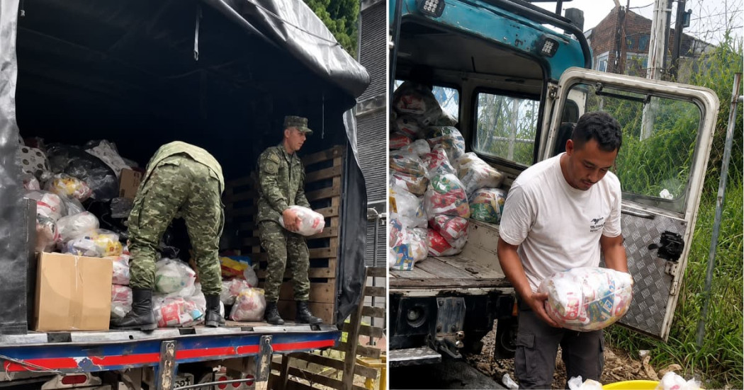 Fotos de las ayudas humanitarias de Bogotá para atención damnificados por terremoto len su arribo a Armenia y Dosquebradas.