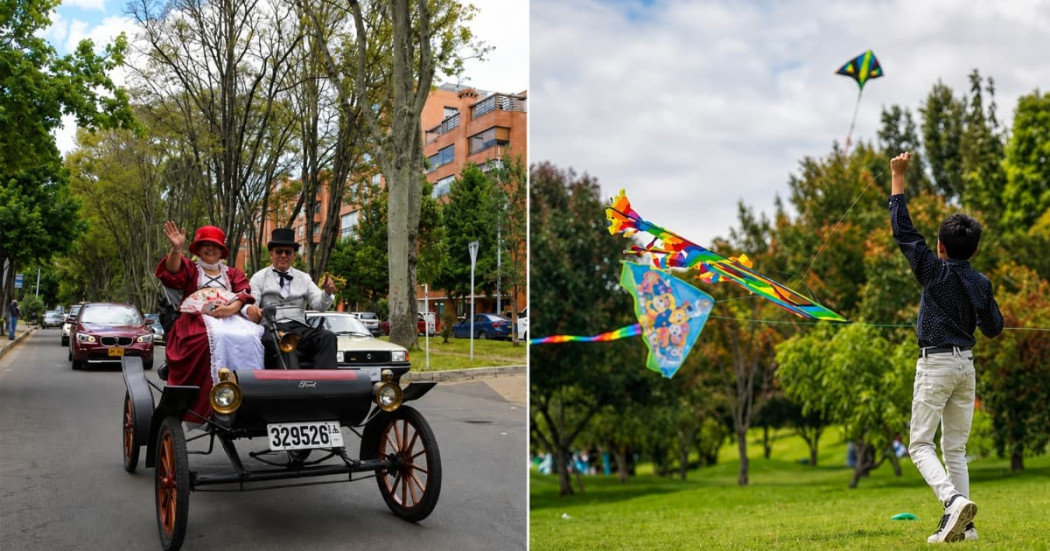 Fotos de un carro antiguo y de un niño elevando una cometa en Bogotá.