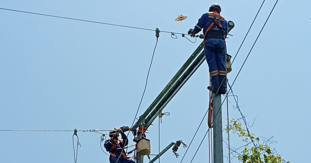 Foto que muestra dos personas con uniforme de Enel Colombia en un poste de luz
