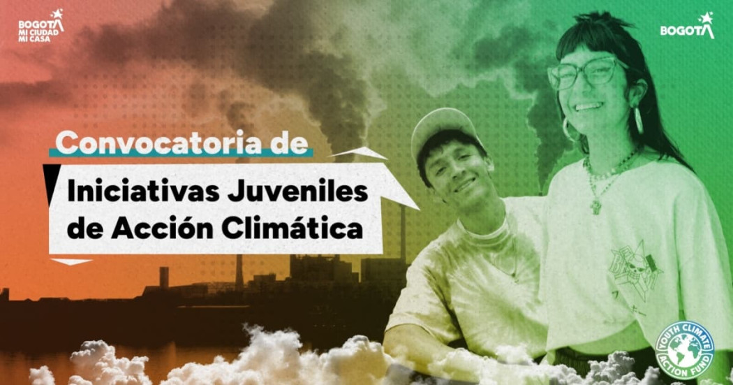 Imagen de dos jóvenes sonriendo con un texto que dice Convocatoria de Iniciativas Juveniles de Acción Climática