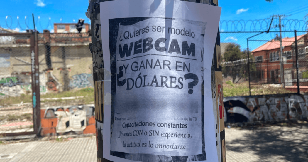 Cartel en un poste con una supuesta oferta laboral de modelaje webcam con pago en dólares.