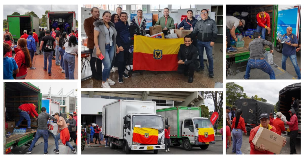 Composición de imágenes de personas cargando y descargando los camiones con ayudas humanitarias
