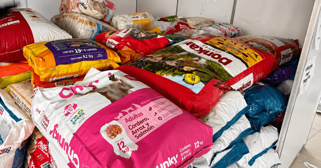 Sacos de alimento para perros y gatos almacenados en un centro de acopio en Corferias para donarse a animales de compañía afectados tras sismo de magnitud 7,4 registrado el lunes 10 de agosto.