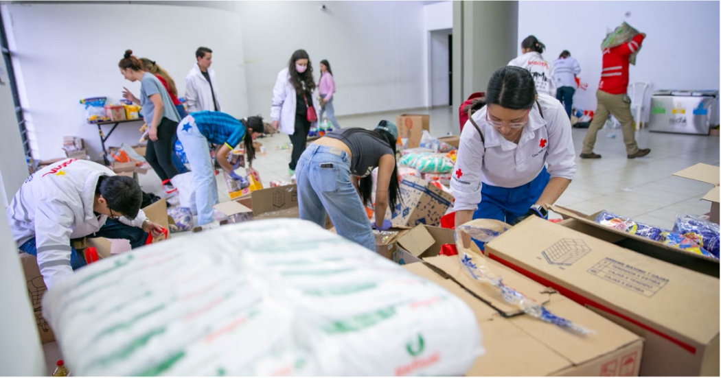 Foto que muestra personas organizando alimentos e insumos