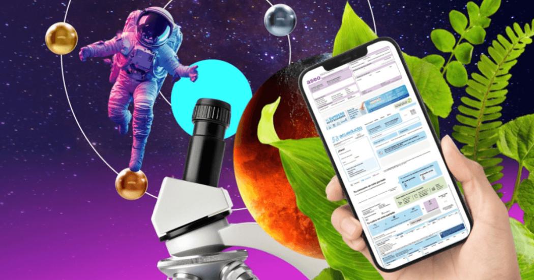 Imagen gráfica que muestra un astronauta y una mano sosteniendo un celular