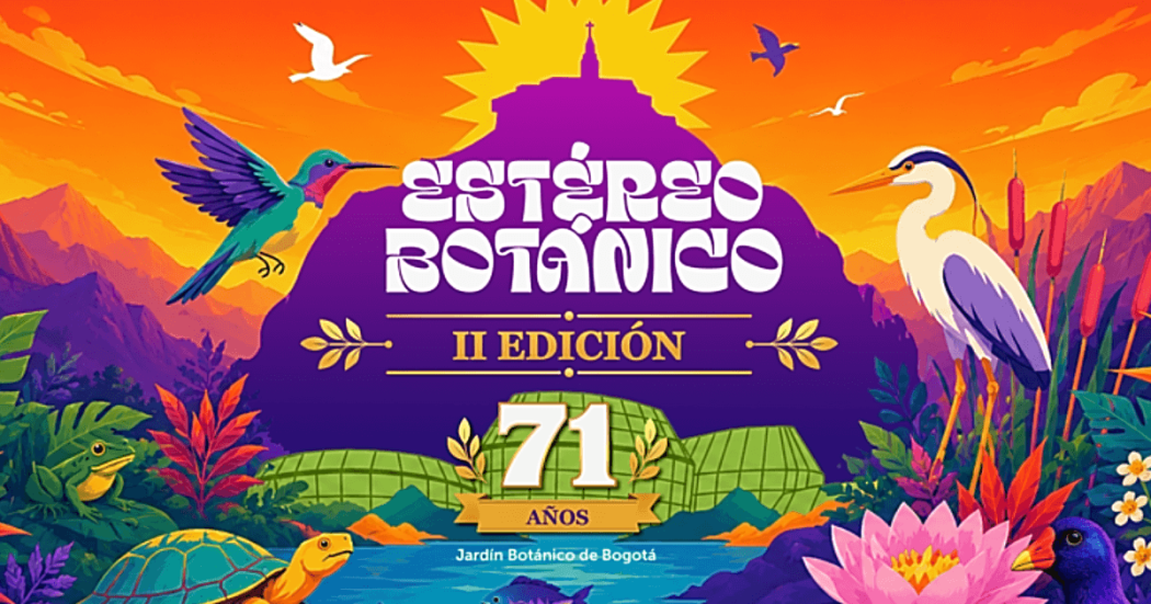 Ilustración del Segundo Festival Estéreo Botánico con fauna, flora e invernaderos del Jardín Botánico.