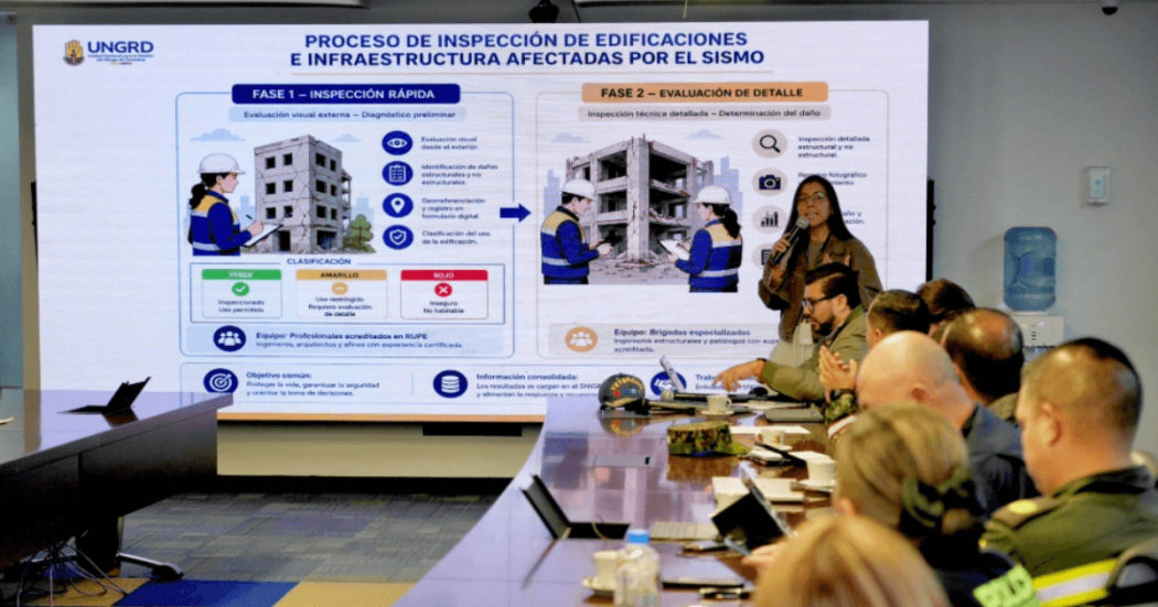 Funcionarios participan en una mesa técnica mientras se presenta una metodología para la inspección de edificaciones e infraestructura afectadas por sismo en Colombia del 10 de agosto.