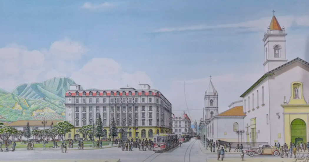 Imagen de la ilustración donde se aprecia el Parque Santander en el centro de Bogotá.